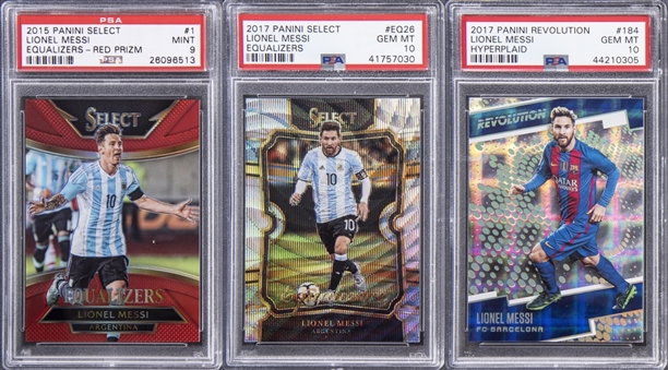 2015-2017 Lionel Messi Card Collection (3 Different PSA Graded Cards) - Including 2017 Panini Revolution "Hyperplaid", 2017 Panini Select Equalizers & 2015 Panini Select Equalizers Red Prizm